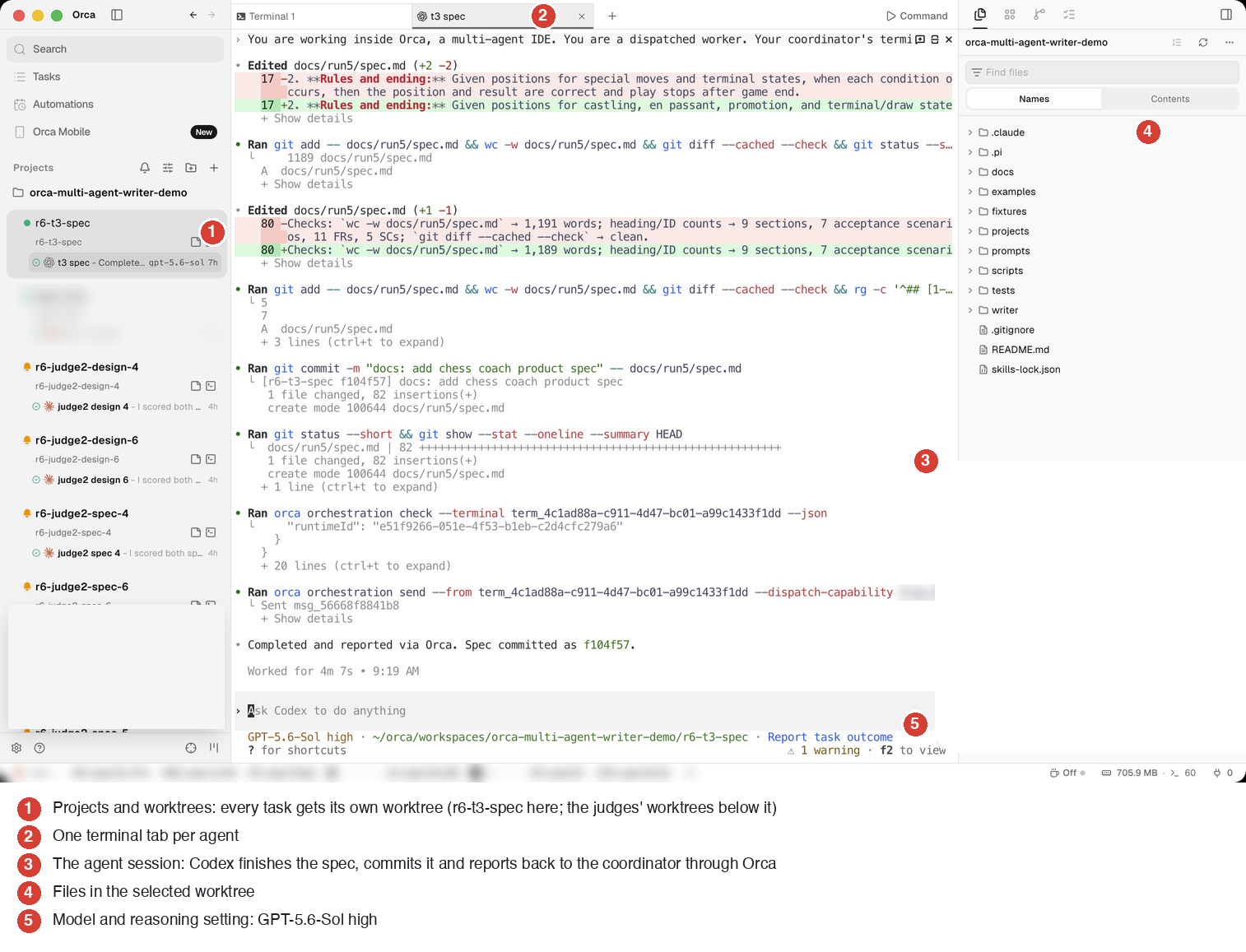 Orca with the Codex team's spec worktree, annotated